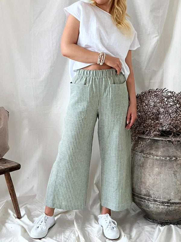 Women's Cotton Linen Loose Fashion Casual Striped Straight Leg Pants
