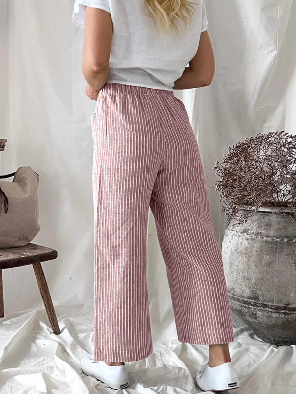 Women's Cotton Linen Loose Fashion Casual Striped Straight Leg Pants