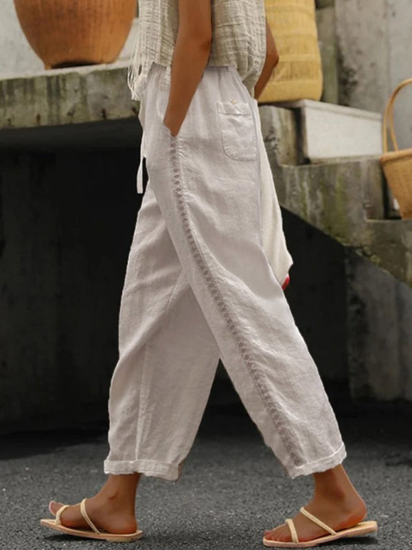 Women's Solid Color Cotton Linen Casual Pants Stitching Sweet Cropped Pants