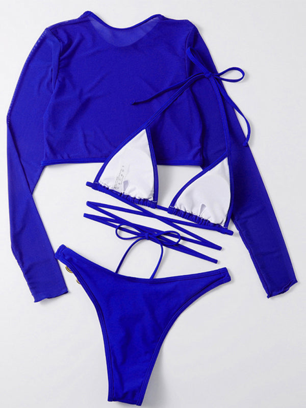 Women's Solid Color High Cut Waist Long Sleeve Cutout Three-Piece Swimsuit