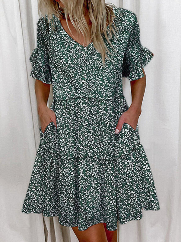 Women's Solid Color Flutter Sleeve Tiered V-Neck Mini Dress