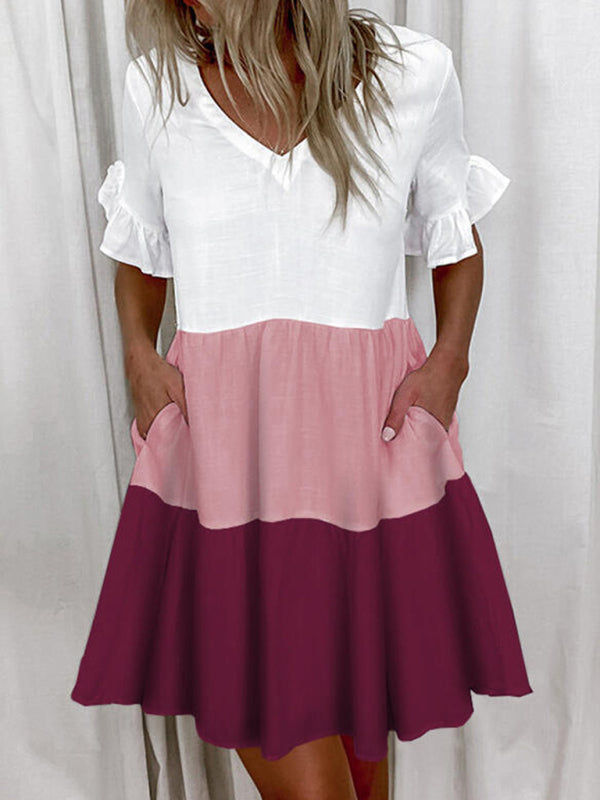 Women's Solid Color Flutter Sleeve Tiered V-Neck Mini Dress