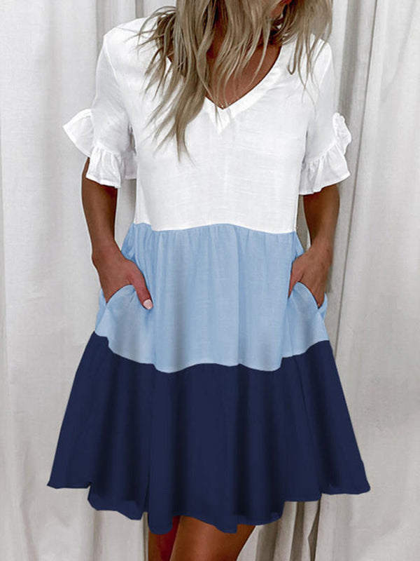Women's Solid Color Flutter Sleeve Tiered V-Neck Mini Dress