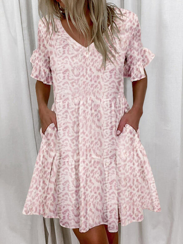 Women's Solid Color Flutter Sleeve Tiered V-Neck Mini Dress