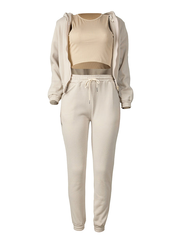 Women's Knitted Casual Sports Fleece Hooded Three-piece Suit