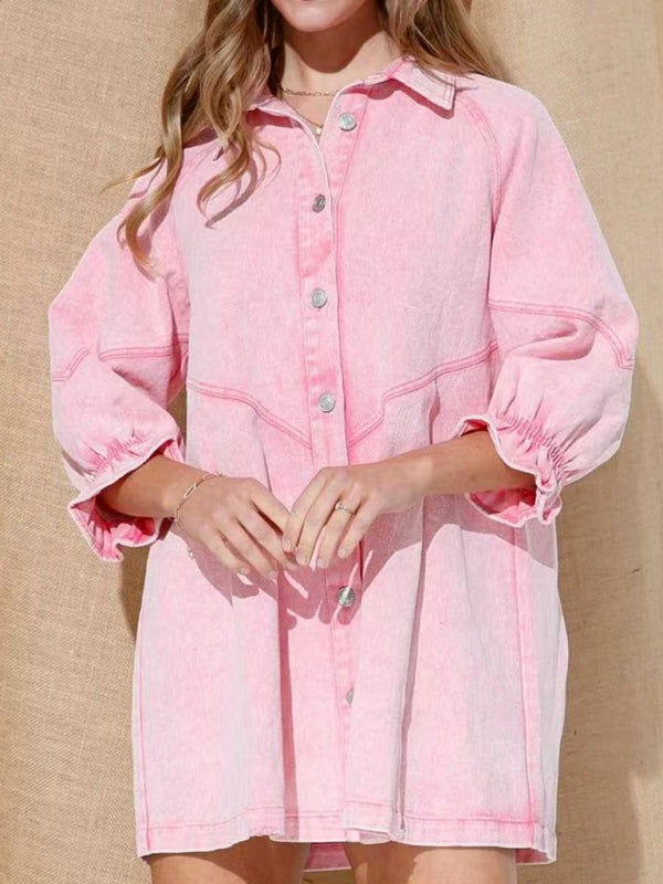 Women's Casual Loose Denim Balloon Sleeve Long Sleeve Dress