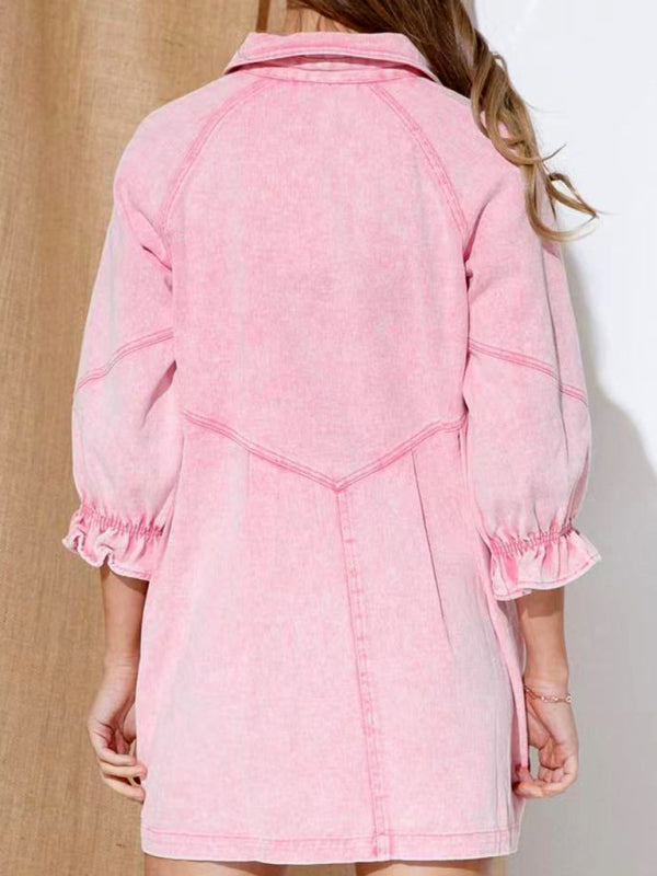 Women's Casual Loose Denim Balloon Sleeve Long Sleeve Dress
