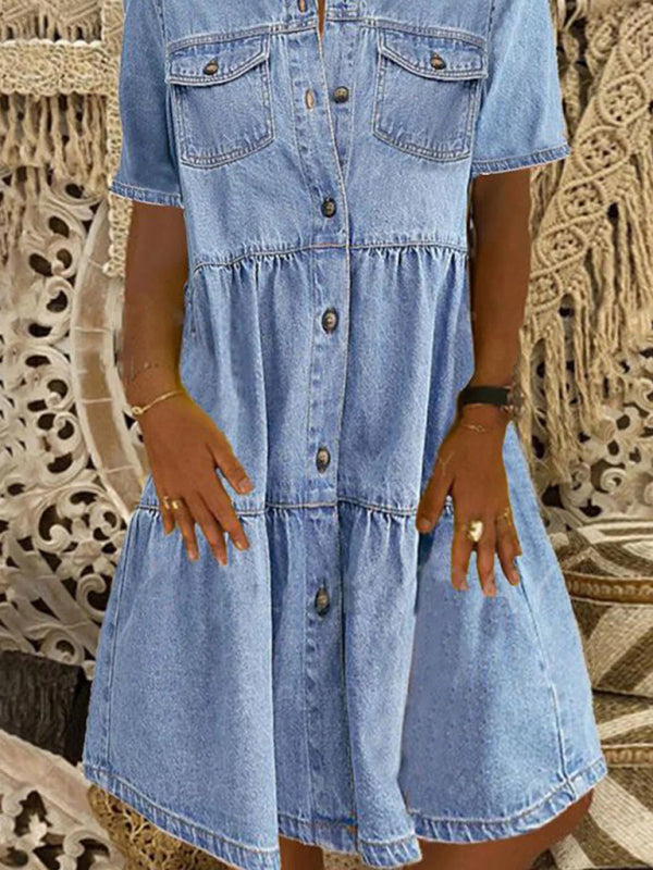 Lapel Short Sleeve Distressed Denim Dress Midi Dress