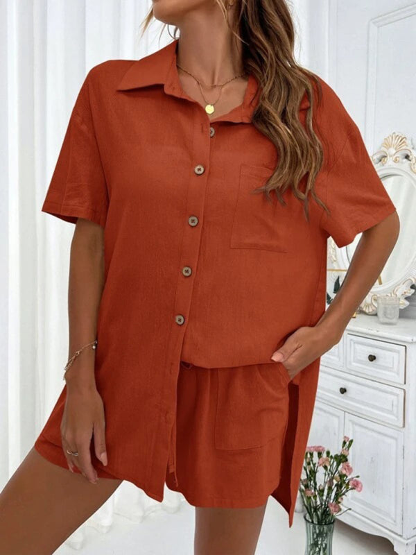 Loose-fit short-sleeve single-breasted shorts Two-piece solid-color shirt set