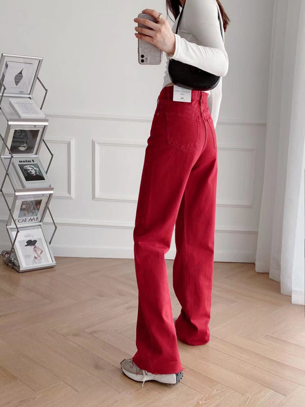 New Street High Waist Casual Straight Leg Wide Leg Pants Female Jeans