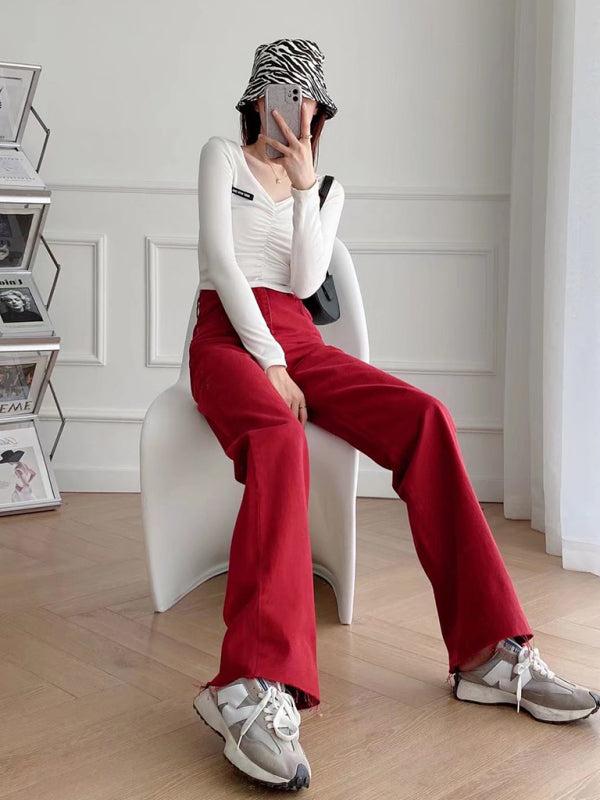 New Street High Waist Casual Straight Leg Wide Leg Pants Female Jeans