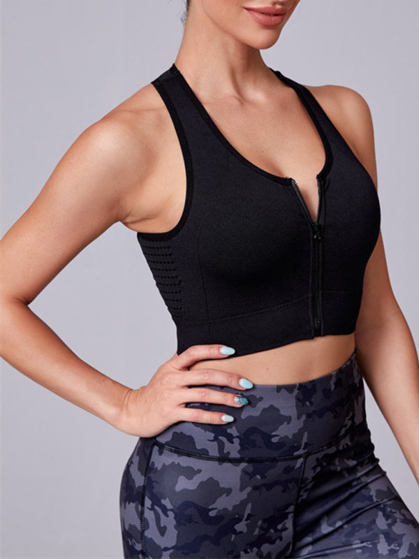 Women's Solid Color Front Zipper Shockproof Yoga Bra Tank Top