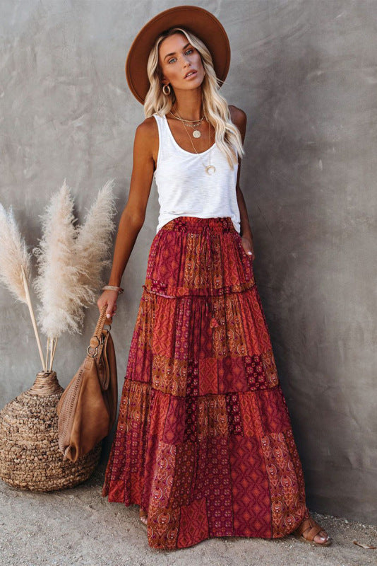 Women's Printed Tiered Maxi Skirt