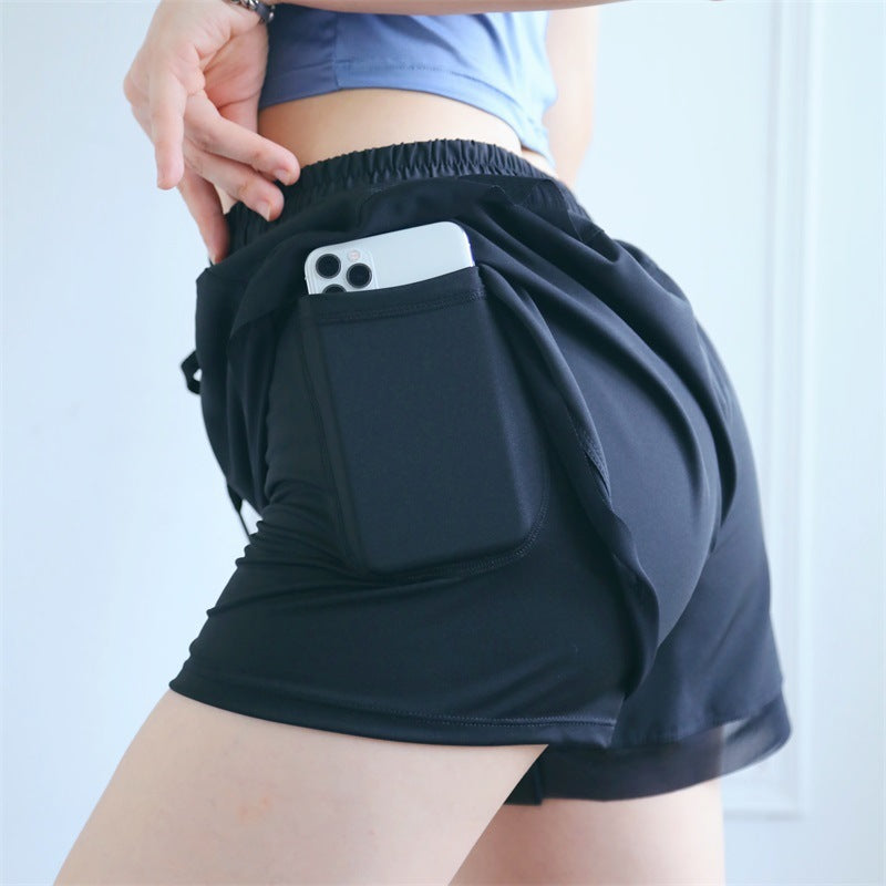 New Fake Two Piece Gym Shorts Women High Waist Elastic Tight Sports Yoga Pants