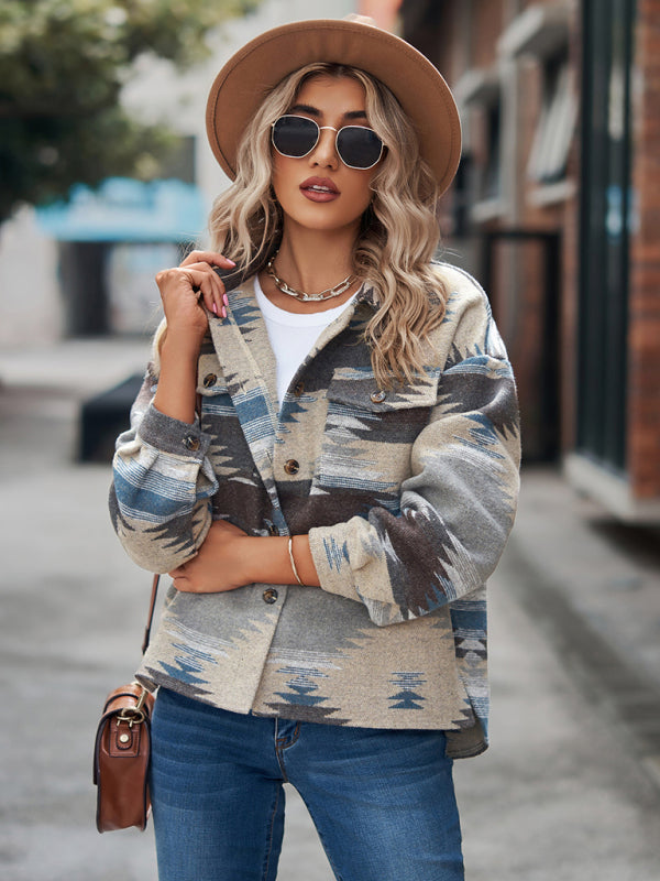 New geometric pattern short loose lapel pocket buttons women's woolen coat