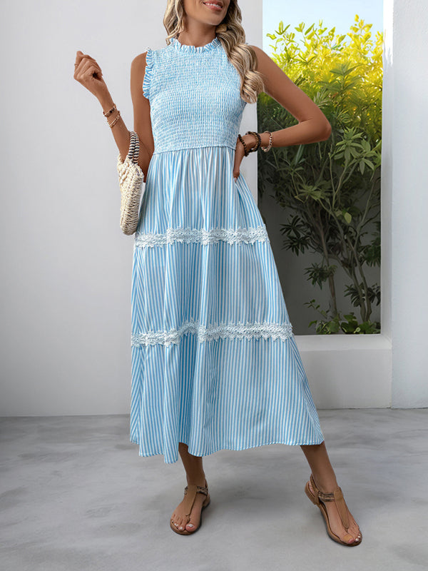 New Ruffled Round Neck Sleeveless Vest Striped Dress