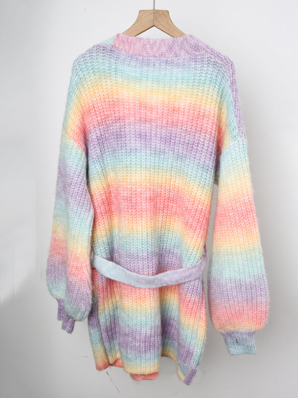 Sweater rainbow tie-dye mid-length loose cardigan women's knitted sweater coat