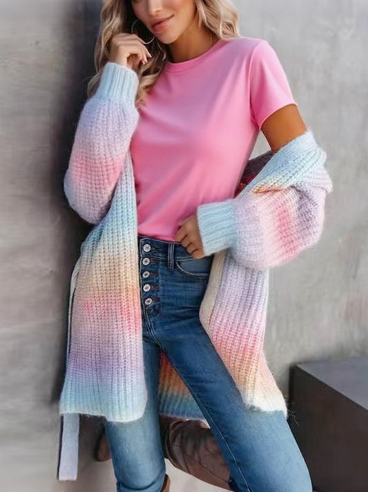 Sweater rainbow tie-dye mid-length loose cardigan women's knitted sweater coat