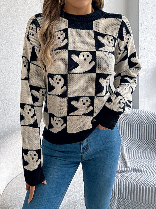 Halloween Plaid Long Sleeve Pullover Sweater