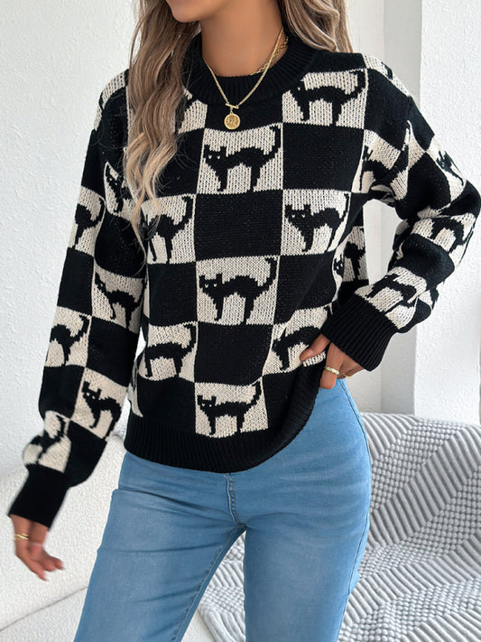 Halloween Plaid Cat Long Sleeve Pullover Sweater