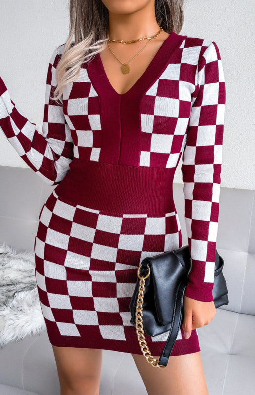 Autumn Winter V-Neck Wrap Hip Knitted Dress