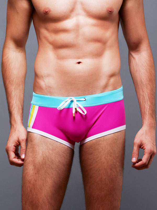 Men's Colorblock Wide Waist Tie Boxer Swim Shorts