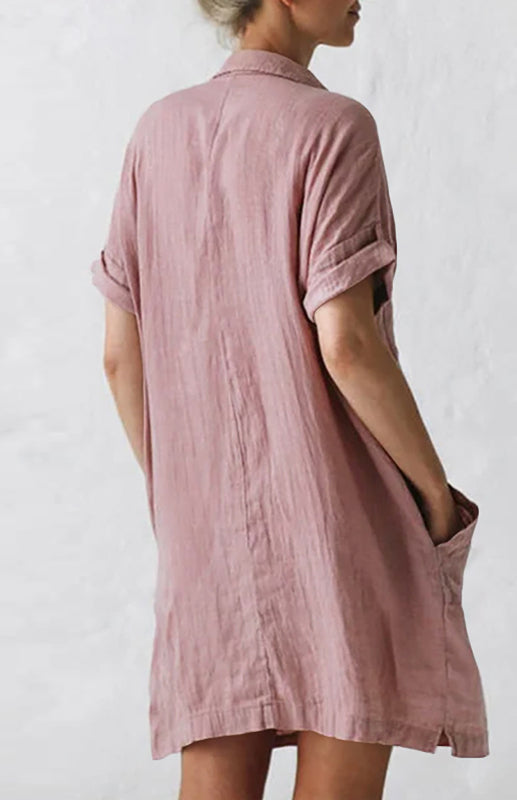 Lapel Button Pocket Short Sleeve Shirt Dress