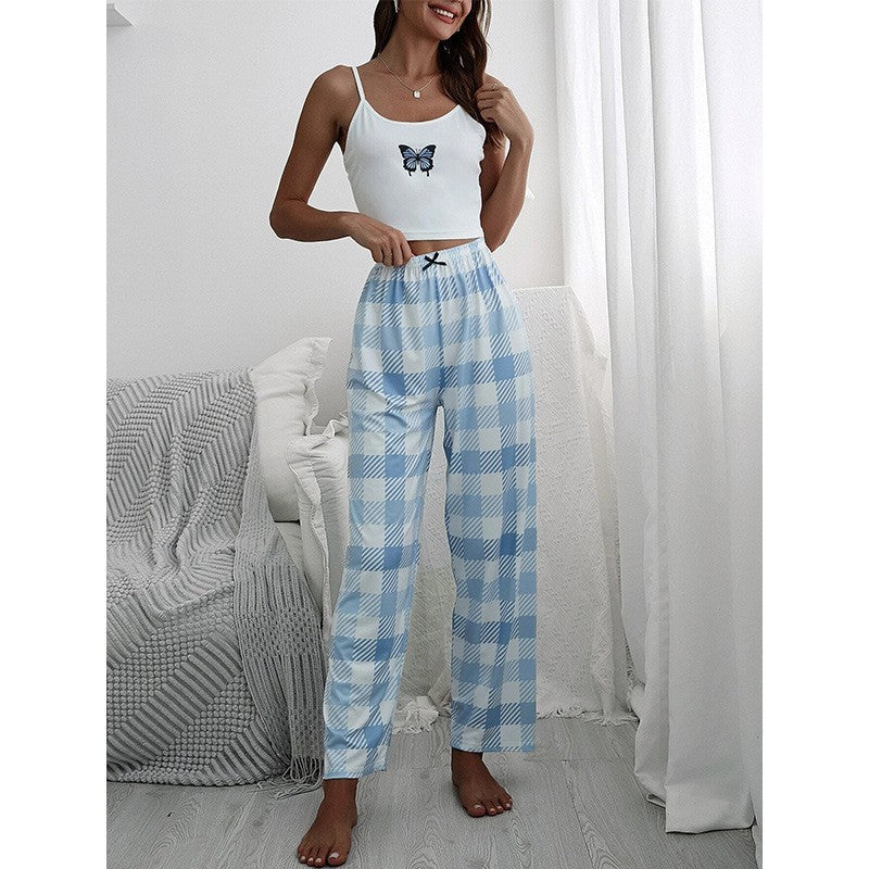 Women's Check Butterfly Print Camisole + Check Print Trousers Homewear Set