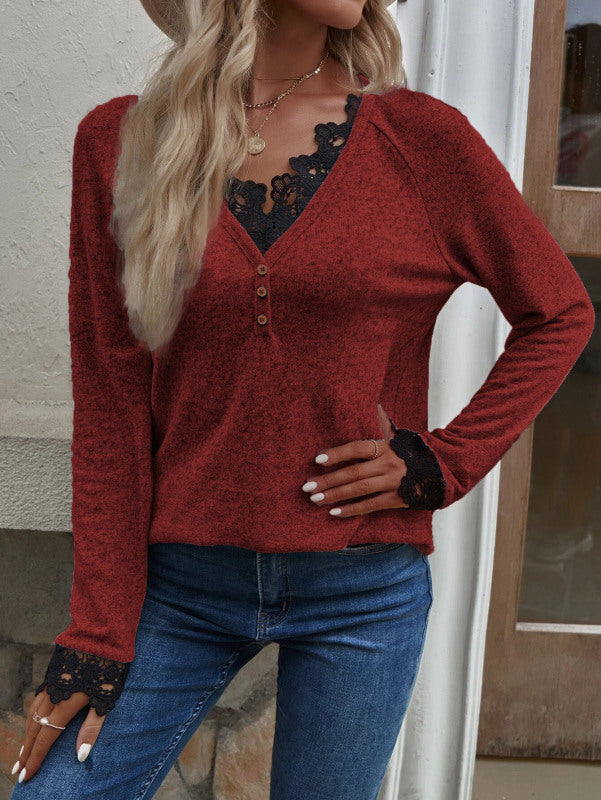 Women’s Solid Color V Neck Button Top Lace Cuffs Henley Top