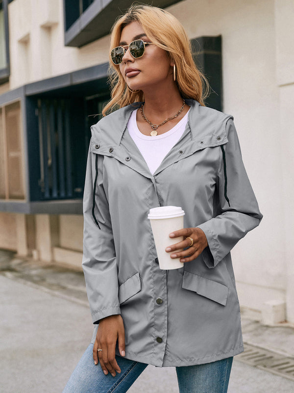 Women's Solid Color Waterproof Hooded Casual Mid Length Windbreaker Jacket