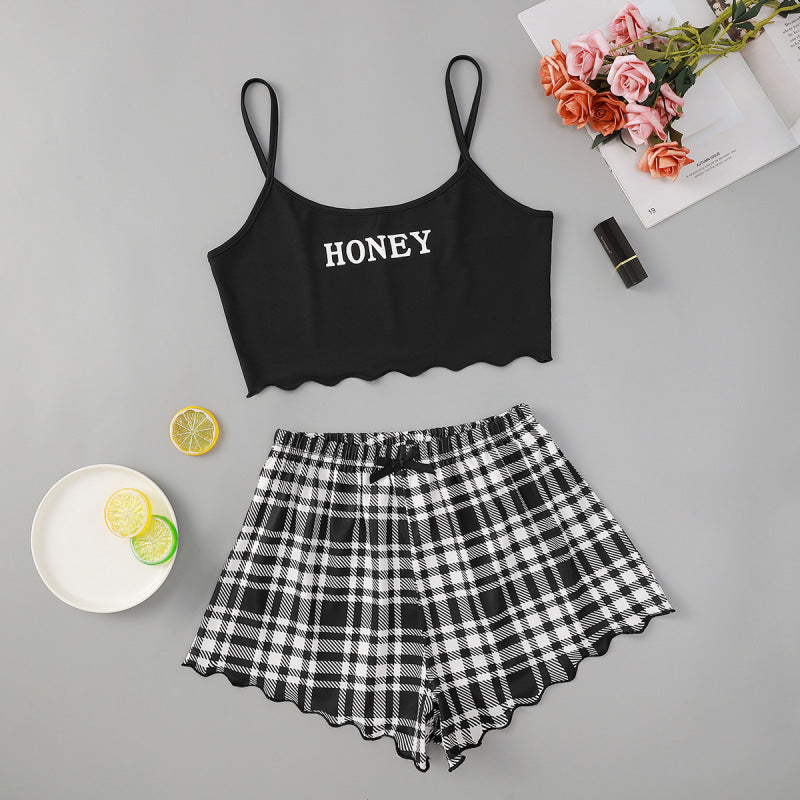 Women's Letter HONEY Printed Camisole + Plaid Printed Shorts Homewear Set