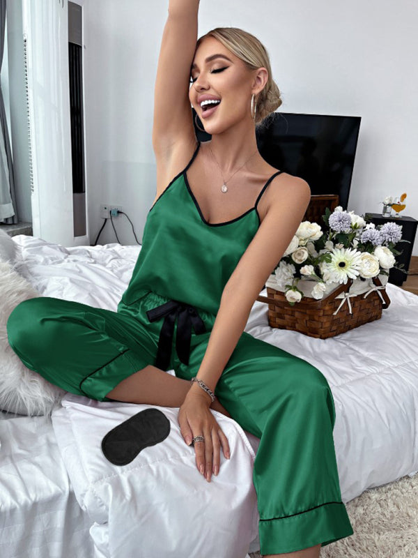 Women's V-neck Pajama Camisole And Pajama Pants With Pink Trim 2 Pieces Sets