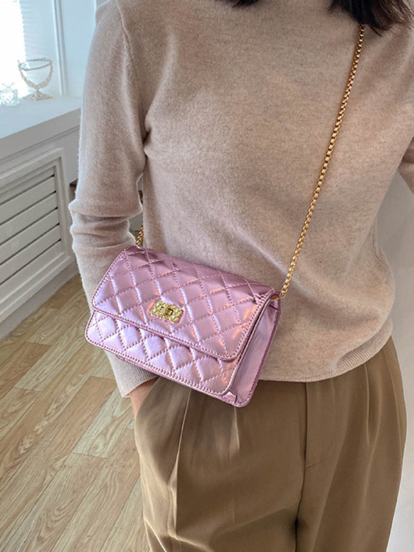 Chain one-shoulder women's bag pearlescent rhombic embroidery thread crossbody small square bag