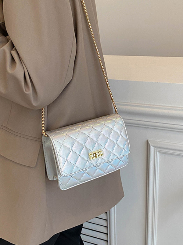 Chain one-shoulder women's bag pearlescent rhombic embroidery thread crossbody small square bag