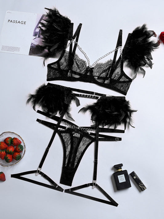 Women's Solid Color Sexy Faux Feather Cold Sweat 3 Piece Sexy Lingerie