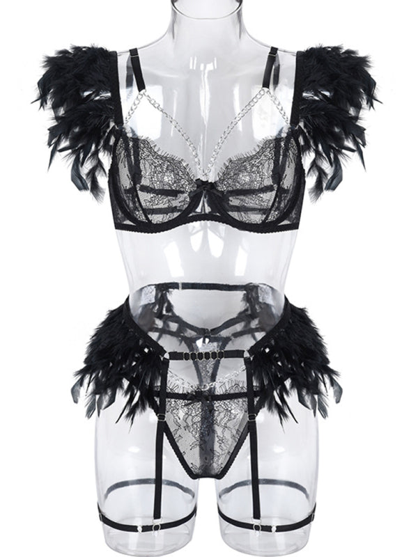 Women's Solid Color Sexy Faux Feather Cold Sweat 3 Piece Sexy Lingerie