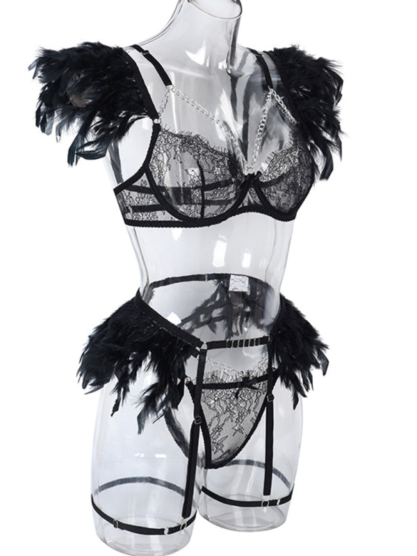 Women's Solid Color Sexy Faux Feather Cold Sweat 3 Piece Sexy Lingerie