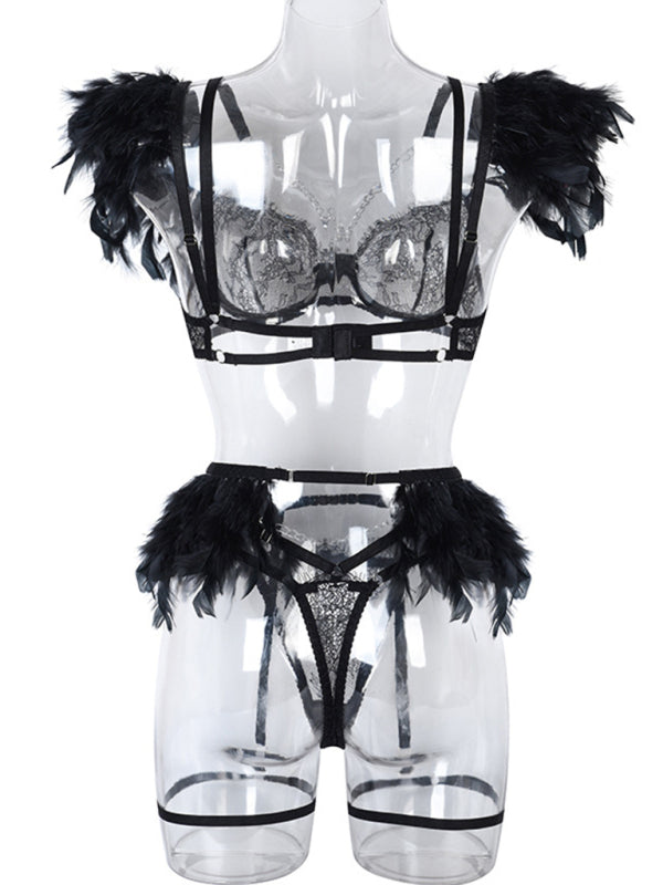 Women's Solid Color Sexy Faux Feather Cold Sweat 3 Piece Sexy Lingerie