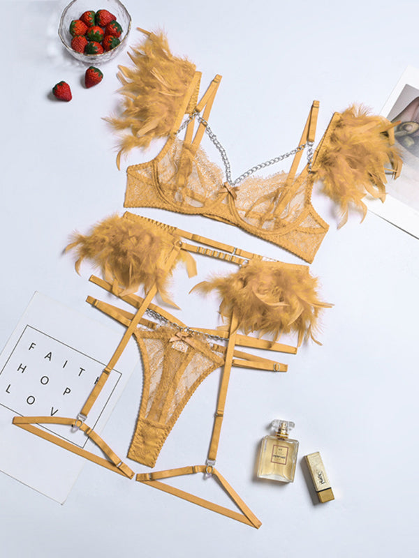 Women's Solid Color Sexy Faux Feather Cold Sweat 3 Piece Sexy Lingerie