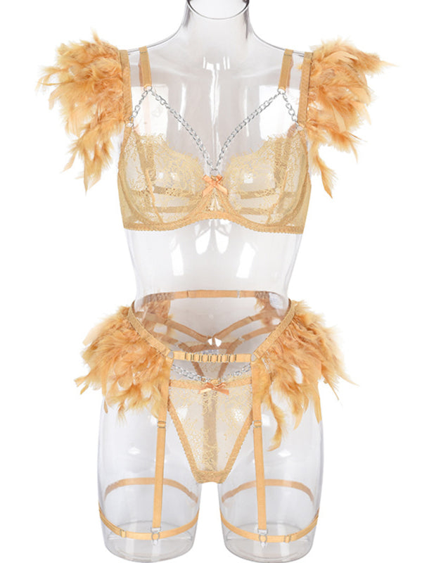 Women's Solid Color Sexy Faux Feather Cold Sweat 3 Piece Sexy Lingerie