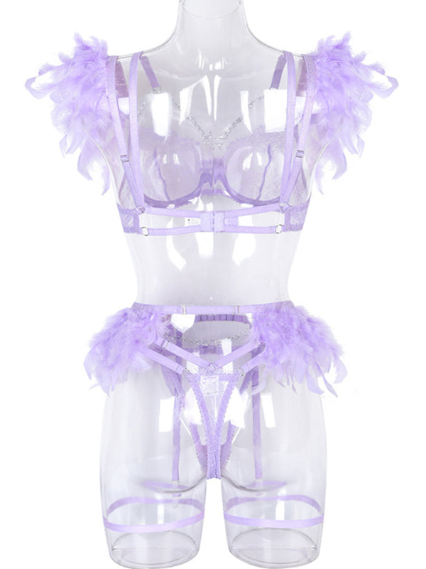 Women's Solid Color Sexy Faux Feather Cold Sweat 3 Piece Sexy Lingerie