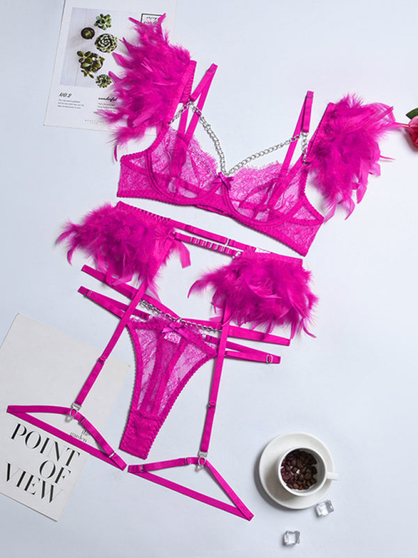 Women's Solid Color Sexy Faux Feather Cold Sweat 3 Piece Sexy Lingerie