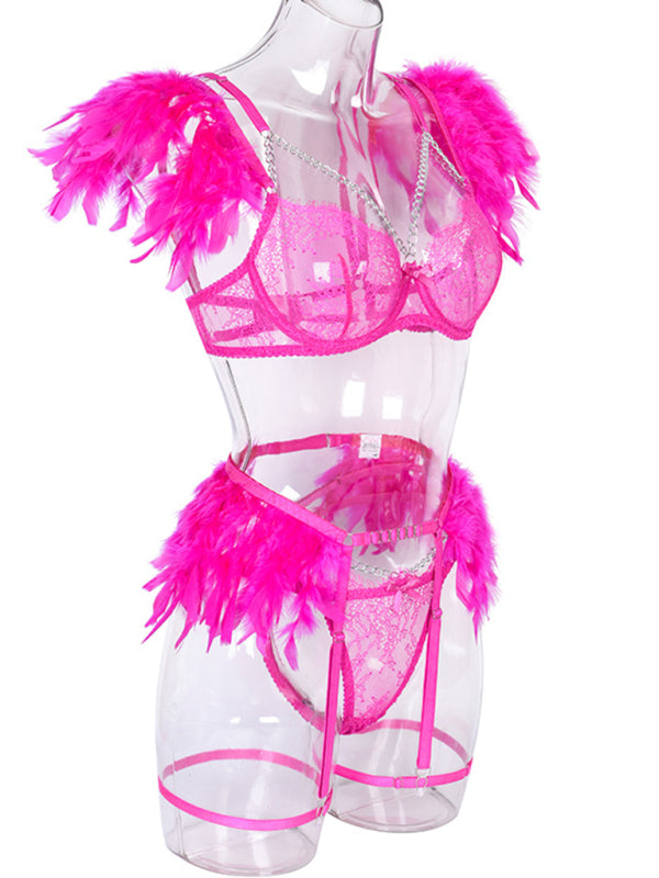 Women's Solid Color Sexy Faux Feather Cold Sweat 3 Piece Sexy Lingerie