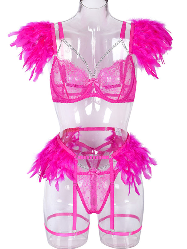 Women's Solid Color Sexy Faux Feather Cold Sweat 3 Piece Sexy Lingerie