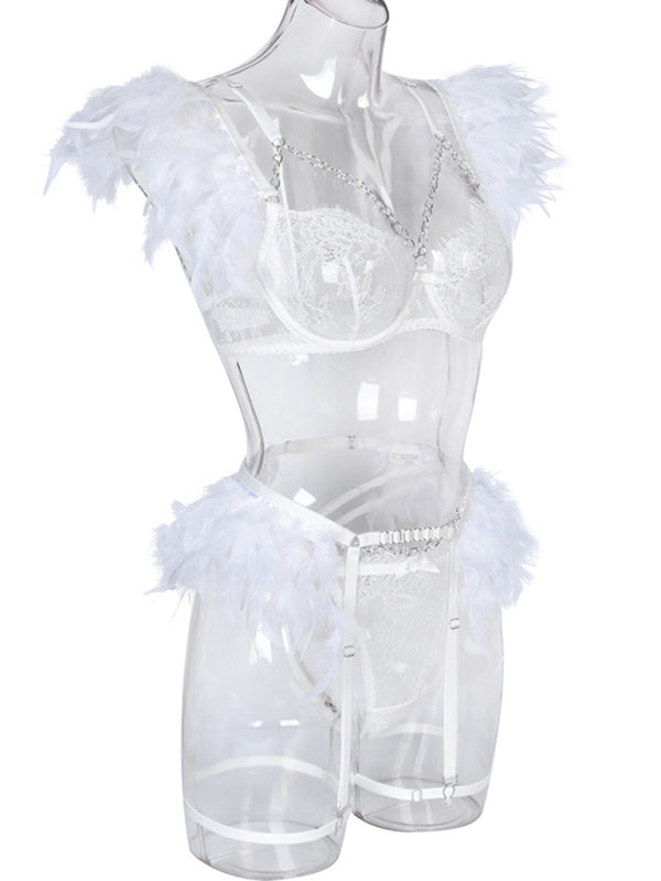 Women's Solid Color Sexy Faux Feather Cold Sweat 3 Piece Sexy Lingerie