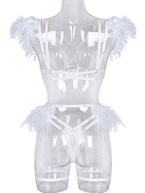 Women's Solid Color Sexy Faux Feather Cold Sweat 3 Piece Sexy Lingerie