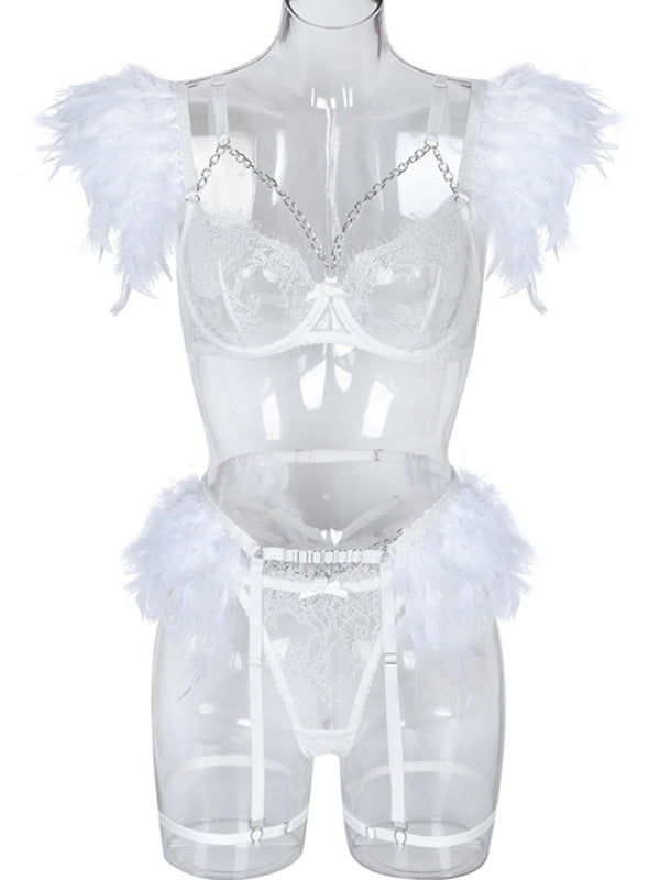 Women's Solid Color Sexy Faux Feather Cold Sweat 3 Piece Sexy Lingerie