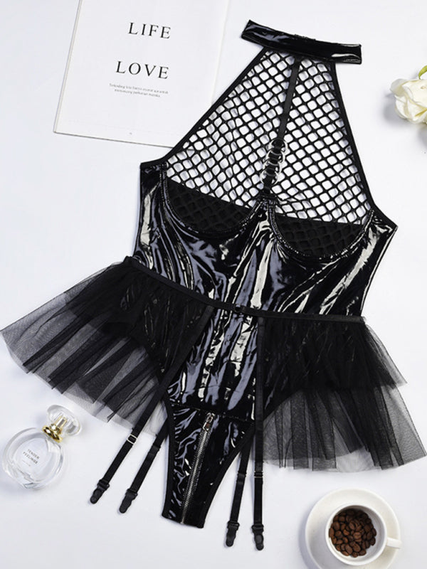 Women's Solid Color Role Playing Fishnet Teddy With Pu Leather Halter Neck Bodysuit