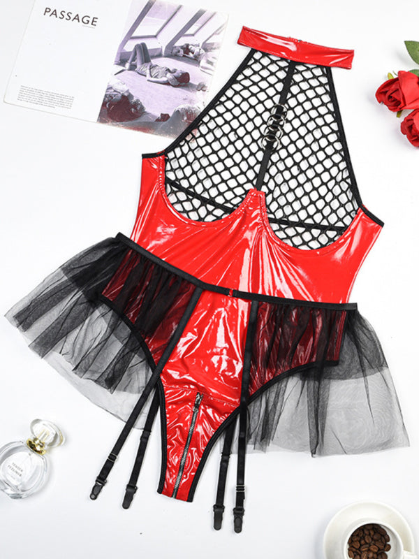 Women's Solid Color Role Playing Fishnet Teddy With Pu Leather Halter Neck Bodysuit
