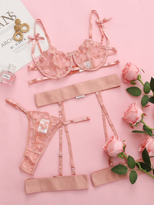 Women's Sexy Lace Mesh See-Through Sexy Lingerie Three-piece Sets